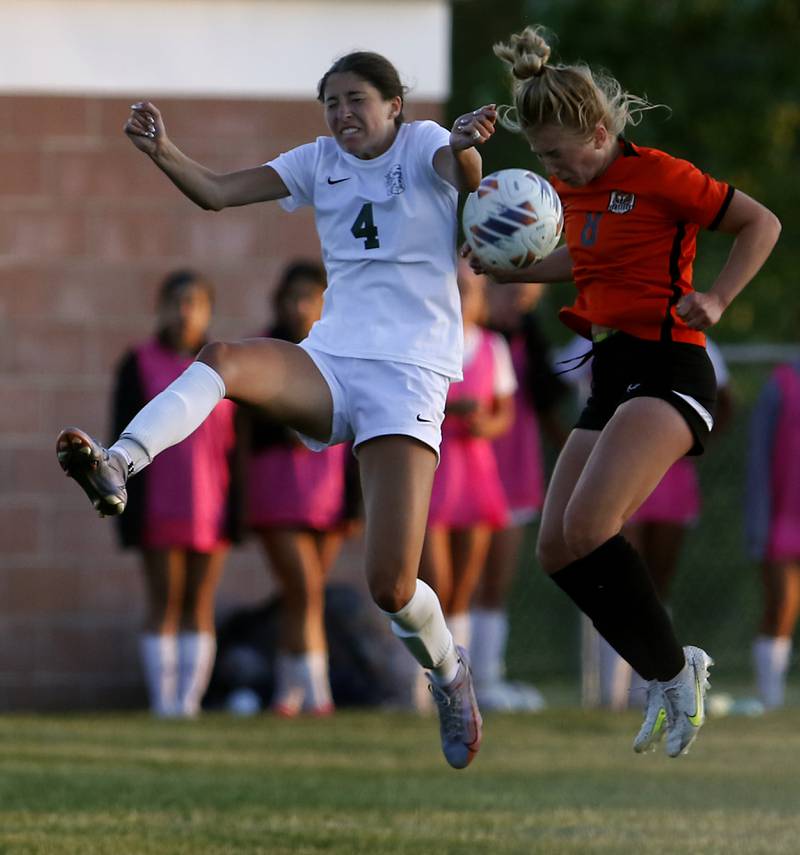 Crystal Lake Central's Olivia Anderson heads the ball away from Boylan's Maggie Schmidt during the IHSA Class 2A Burlington Central Girls Soccer Sectional final match Friday, May 26, 2023, at Burlington Central High School.