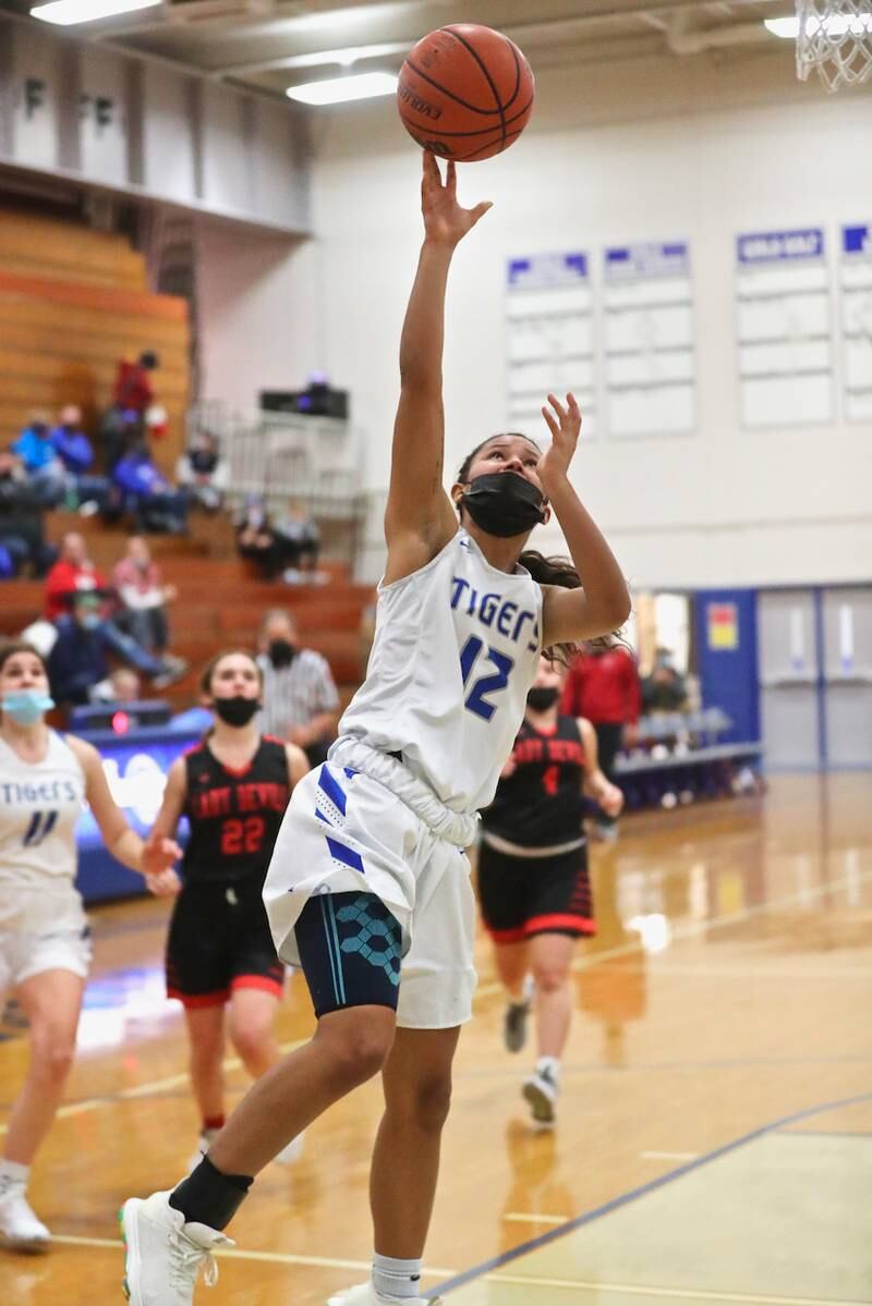 Princeton's Mariah Hobson makes a second-half layup Monday night at Prouty Gym against Hall. The Tigresses rallied for a 40-32 victory.