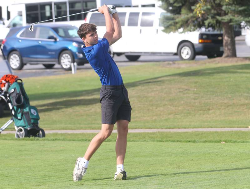 Princeton's Beckett Funderberg tees off during the Class 1A Regionals on Wednesday, Oct. 1, 2025 at Deer Park Golf Club in Oglesby.