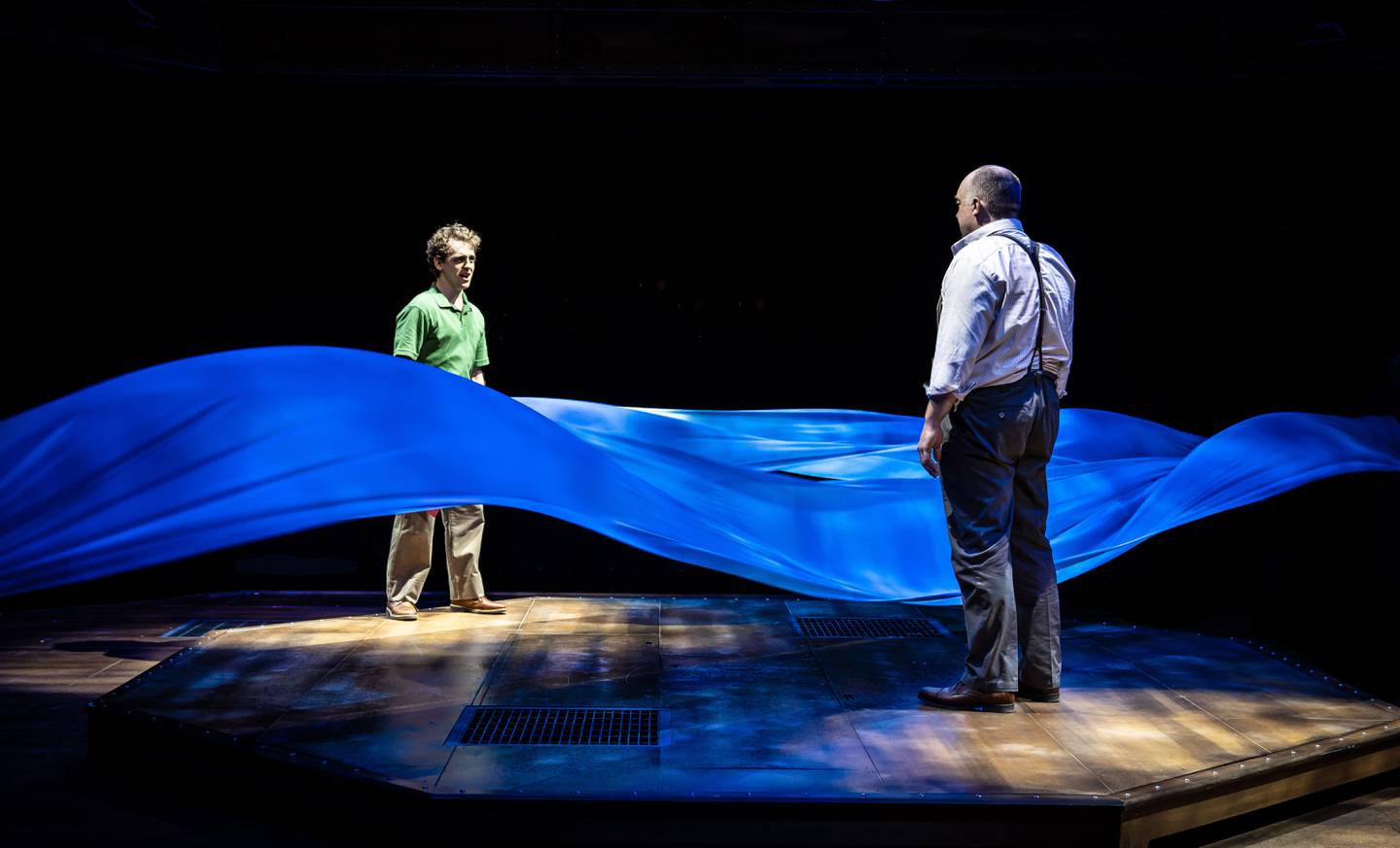 Michael Kurowski as "Will Bloom" and Alexander Gemignani as his father, "Edward Bloom," in the musical "Big Fish," now playing through March 19 at the Marriott Theatre in Lincolnshire. Photo by Liz Lauren.