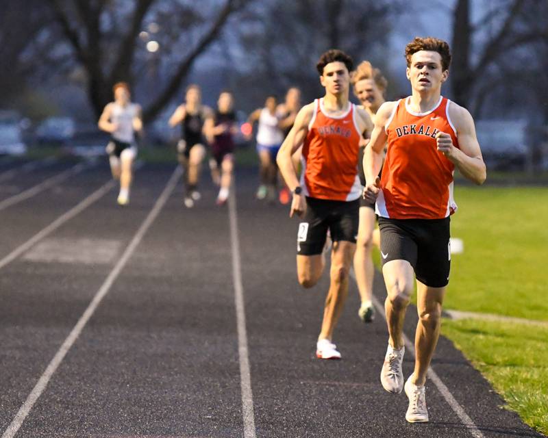 Riley Newport finishes first in the 800 meter run on Friday April 29th during the Gib Seegers Classic track and field held at Sycamore high school.