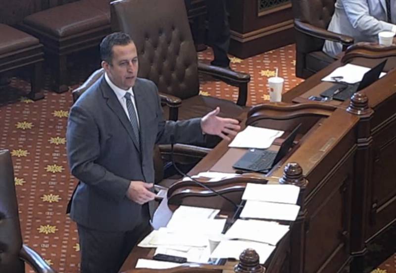 State Sen. Michael Hastings, D-Frankfort, speaks on the Senate floor in September 2021 in this file photo. Gov. JB Pritzker on Thursday urged Hastings to resign from the Senate amid accusations of domestic violence by Hastings against his estranged wife.