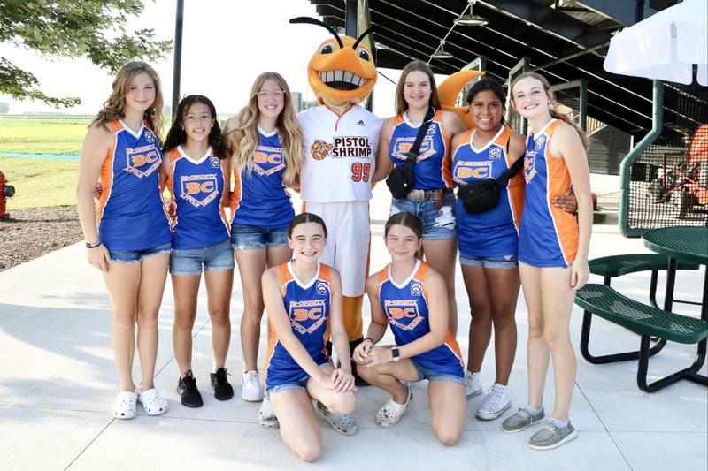 The District 20 champion Bi-County Junior League All-Stars were recognized at the Friday, July 28 Pistol Shrimp Game.  Team members in attendance were (front, from left) Sofia Borri and Sarah Schennum; and (back row), Chloe Parcher, Yesenia Avila, Piper Terando, Myah Richardson, Britney Trinidad and Paige Tonioni.