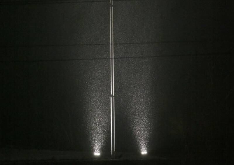 Snow falls in front of spotlights on Monday, Jan. 8, 2024 in Princeton.