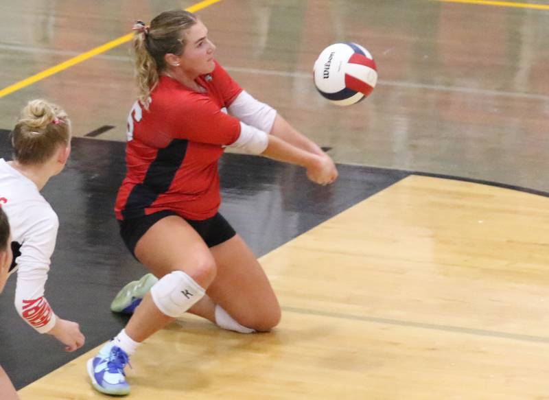 Henry-Senachwine's Brooklynn Thompson digs out a return from Seneca during the Tri-County Conference championship game on Thursday, Oct. 16, 2025 at Putnam County High School.