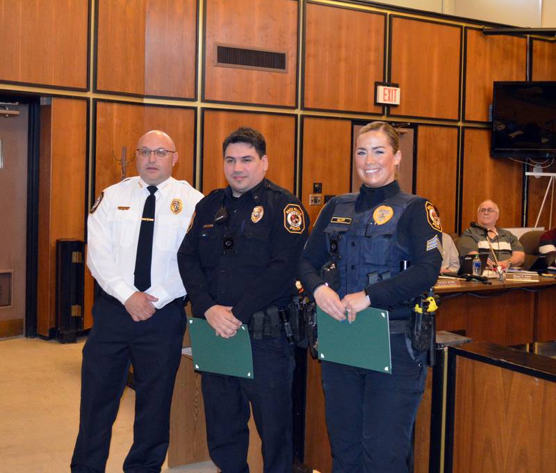 Rock Falls Police Chief David Pilgrim, Officer Kristofer Perez and Sgt. Betony Gluff were presented with the Lifesaving Award during the March 19, 2024, Rock Falls City Council meeting for their work responding to a Feb. 14 call.