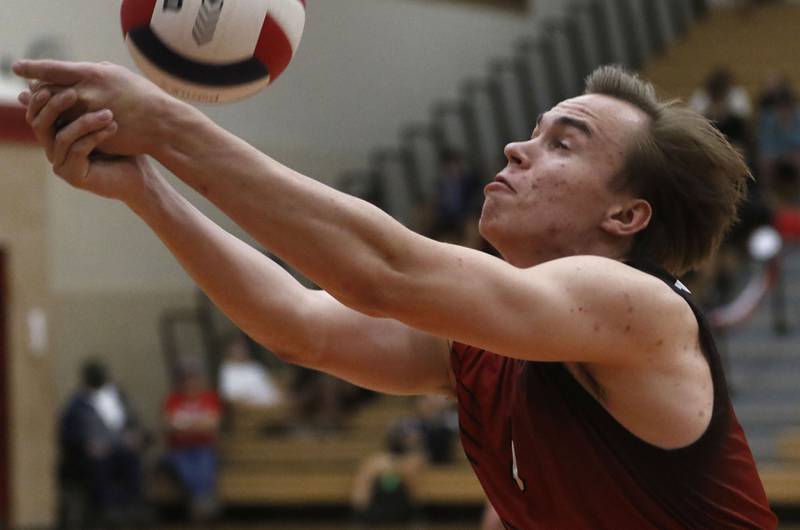 Huntley’s Jacob Rutkowski tries to save the ball during a nonconference boys volleyball match against Grant on Thursday, May 21, 2026, at Huntley High School.