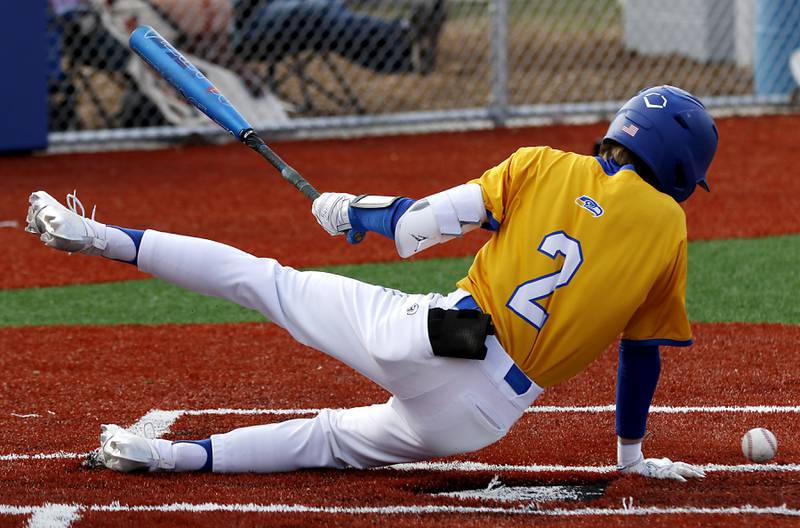 Johnsburg's Riley Johnson hits the ground after being hit by a Marengo's Michael Kirchhoff pitch during a Kishwaukee River Conference baseball game on Monday, April 21, 2025, at Johnsburg High School.