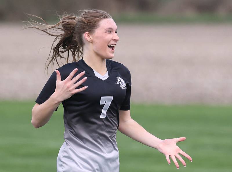 Kaneland's Olivia Davis celebrates after scoring her third goal of the game against Sycamore Monday, April 13, 2026, at Kaneland High School.