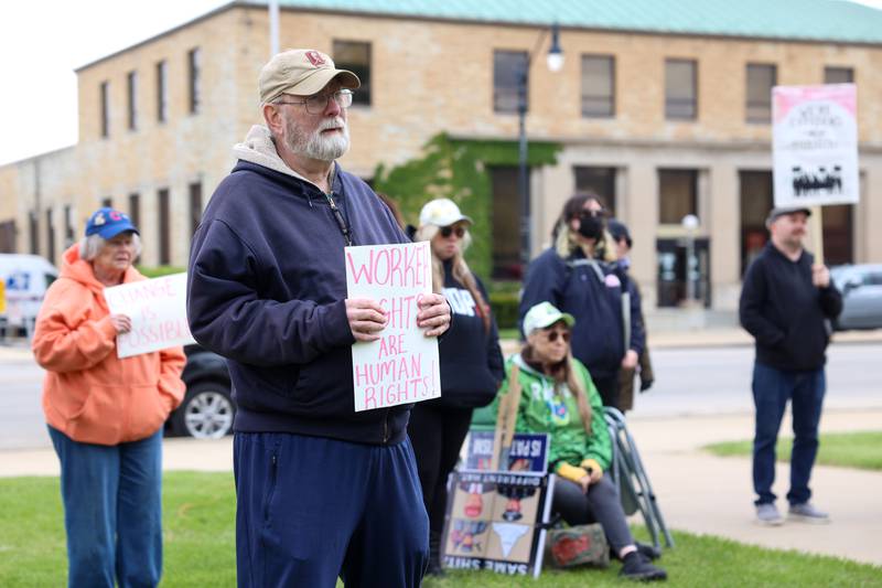 Protesters gather during the May Day Strong rally at the Kankakee County Courthouse on May 1, 2026, as part of a national day of action.