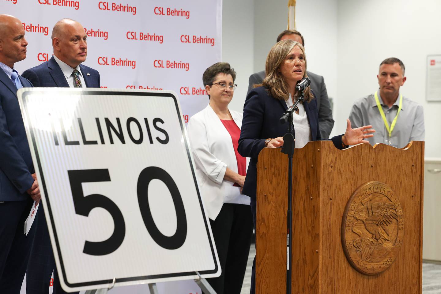 Illinois Transportation Secretary Gia Biagi speaks at a press conference announcing the completion of the $13.8-million Armour Road and Bradley Boulevard (Illinois Route 50) project in Bourbonnais Township on Tuesday, Aug. 12, 2025.