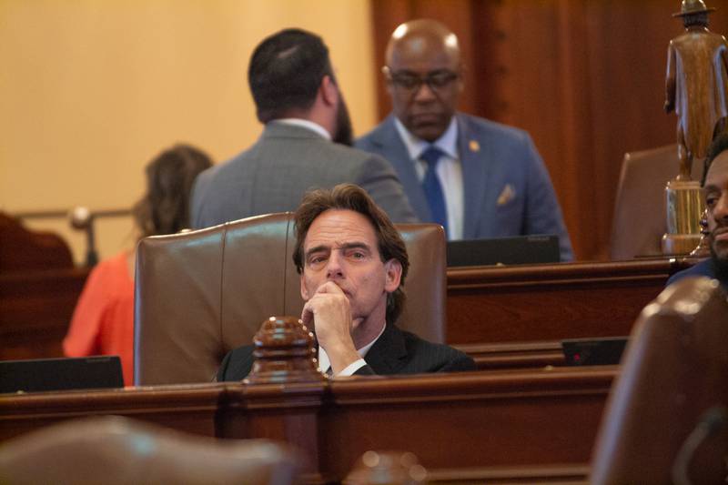 State Sen. Steve Stadelman, D-Caledonia, listens to debate in the Illinois Senate on May 30, 2025.