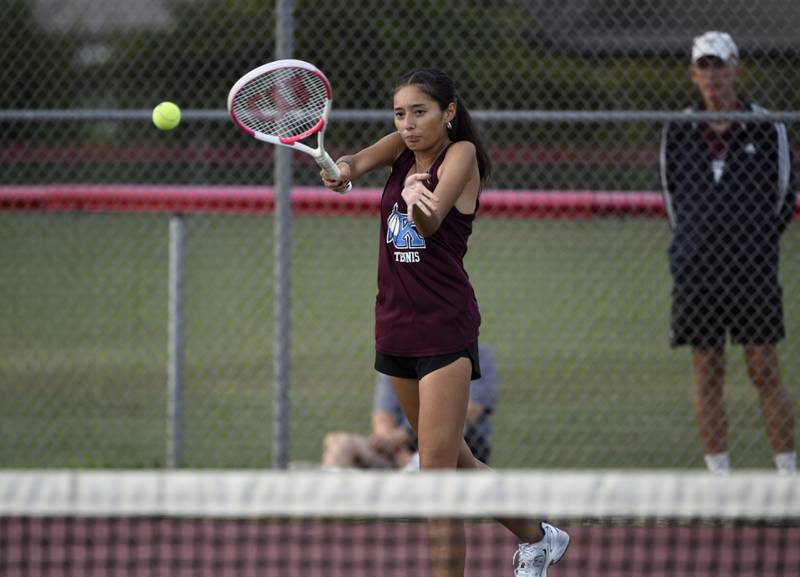 Kankakee's Michelle Gaytan makes a return hit in the first place doubles match of the All-City tournament against Bradley-Bourbonnais on Wednesday, October 1, 2025.