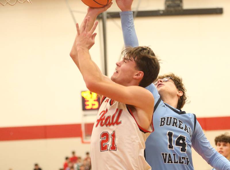 Hall's Clayton Fusinetti gets by Bureau Valley's Drake Taylor on Wednesday, Jan. 28, 2026 at Hall High School.