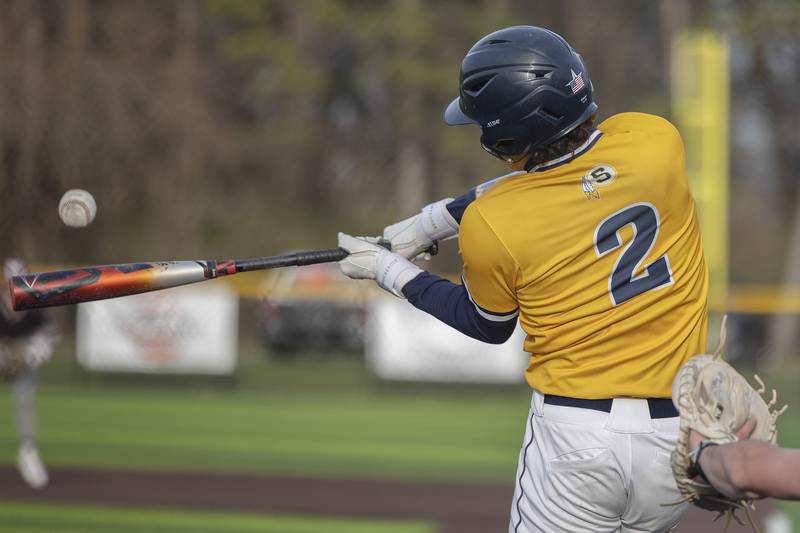 Sterling’s Adrian Monarrez drives the ball in the sixth against Moline Wednesday, April 16, 2025.