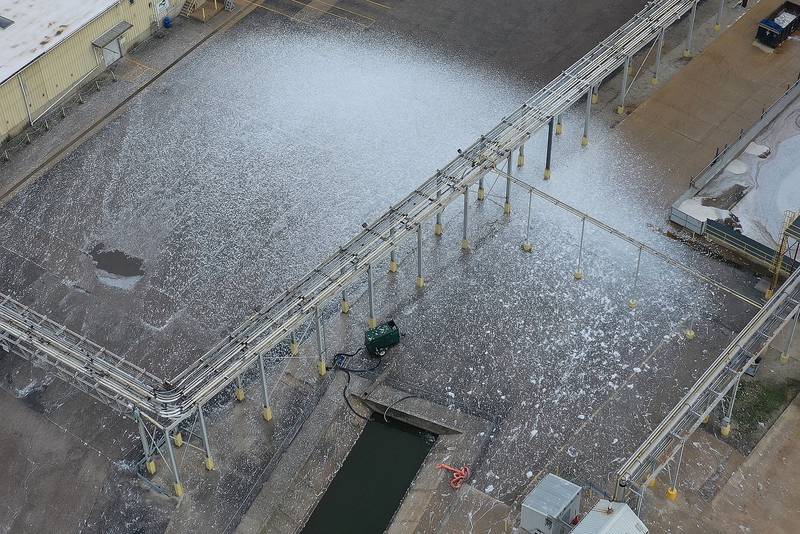 A white chemical substance covers a large portion of the Epsilyte LLC plant on Friday, May 28, 2025 on Water Street in Peru. The explosion happened shortly after 9:30a.m.