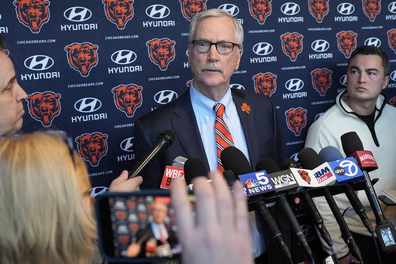 Chicago Bears owner George McCaskey listens to reporters during an NFL football news conference at Halas Hall in Lake Forest, Ill., Tuesday, Jan. 7, 2025. (AP Photo/Nam Y. Huh)