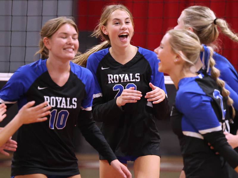 Hinckley-Big Rock players celebrate a point during their match Tuesday, Sept. 9, 2025, at Indian Creek High School in Shabbona.