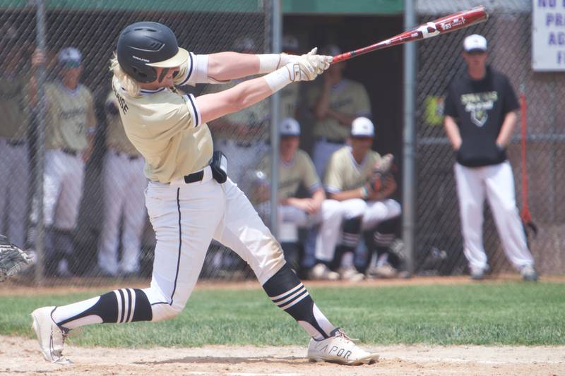 Sycamore's Byron Blaise hits a single against Belvidere North at the Class 4A Regional Final on May 28, 2022 in Belvidere.