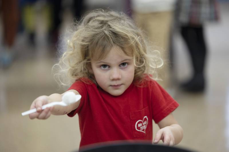 Mae England, Pre-K student at St. Anne’s in Dixon, carefully carries a cotton ball to its goal Tuesday, Jan. 30, 2024. St. Anne’s spent a few hours of fun for the day in celebration of Catholic Schools Week.