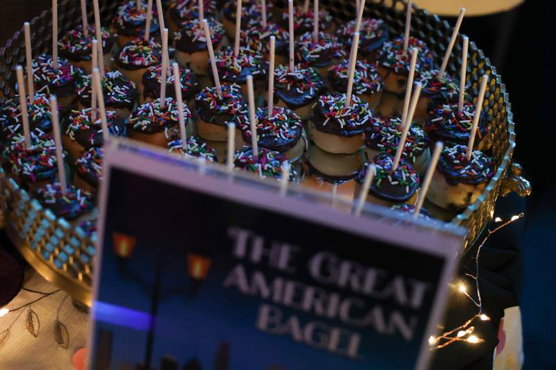 The Great American Bagel, one of the chocolate sponsors at the Shorewood HUGS "Sweet Home Chicago" chocolate ball fundraiser in Joliet on Saturday, February 4, 2023, provided a tray of miniature frosted bagels.