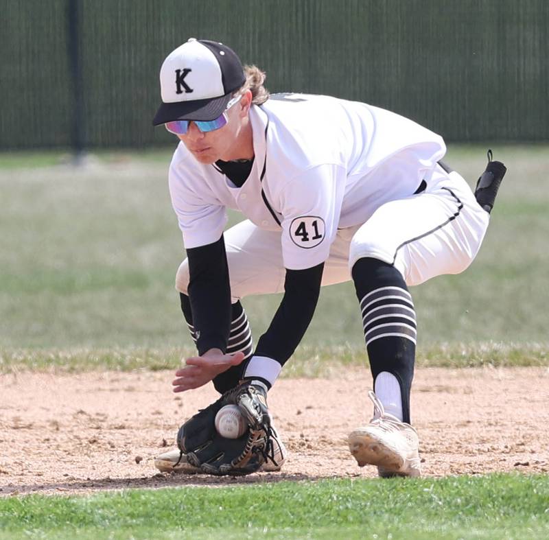 Kaneland's Dylan Conklin fields a grounder during their game against DeKalb Friday, April 15, 2022, at Kaneland High School in Maple Park.