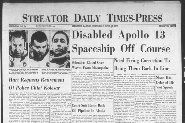Historical covers for April 15: Disabled Apollo 13 Spaceship Off Course