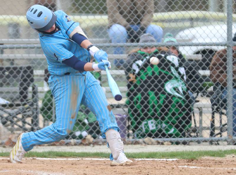 Marquette's Anthony Couch makes contact with the ball against Eureka on Wednesday, April 1, 2026 at Masinelli Field in Ottawa.