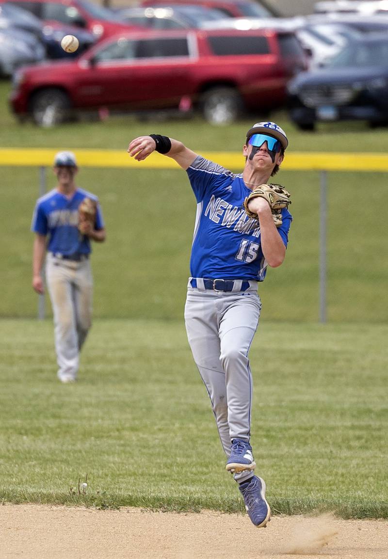 Newman’s Liam Nicklaus leaps an throws for an out against Johnsburg Saturday, May 31, 2025, in the Class 2A Sectional final in Mendota.