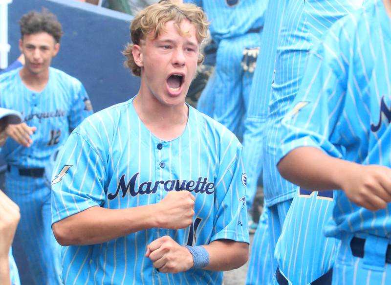 Marquette's Billy Galyen reacts after the team scored it's fifth run against Altamont during the Class 1A State championship game on Saturday, June 1, 2024 at Dozer Park in Peoria.