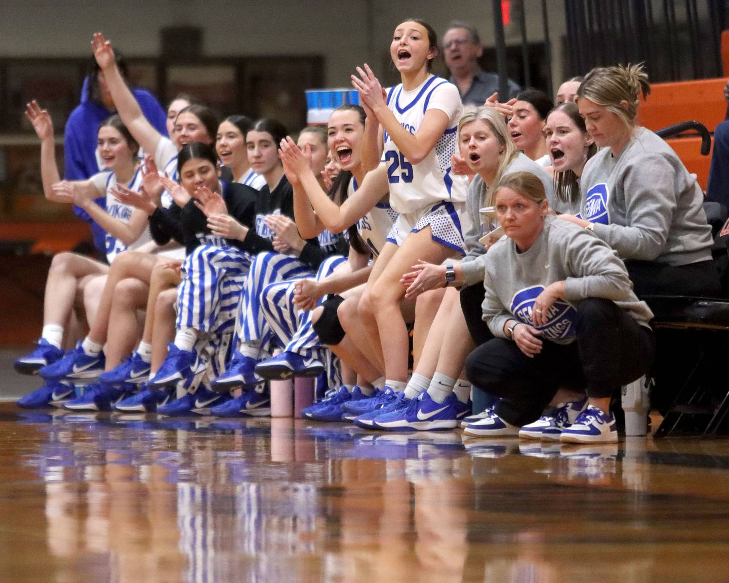 Geneva’s Vikings get revved up early against Boylan in girls IHSA Class 3A Sectional basketball on Tuesday, Feb. 24, 2026, at Crystal Lake Central High School in Crystal Lake.
