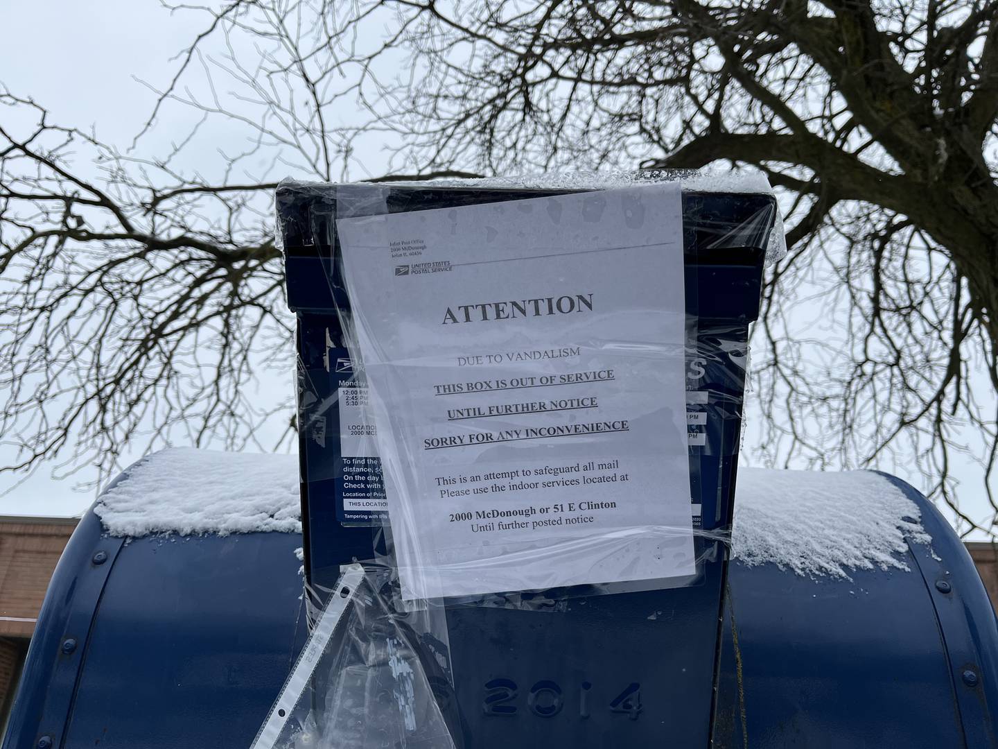 A taped-off outdoor mailbox seen on Thursday, Jan. 26, 2023, at the Joliet post office, 2000 McDonough St., Joliet.