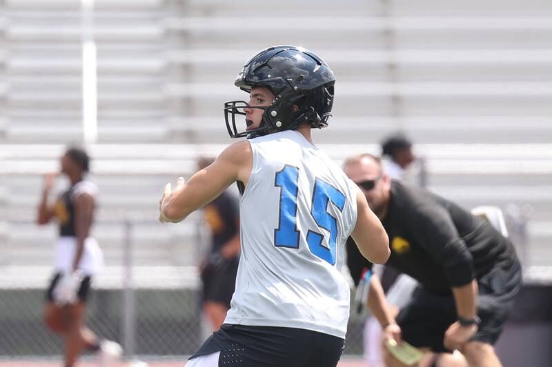 Lincoln-Way East’s Braden Tiscer looks to pass during a 7-on-7 scrimmage at Lincoln-Way East on Tuesday, July 18th, 2023 in Frankfort.