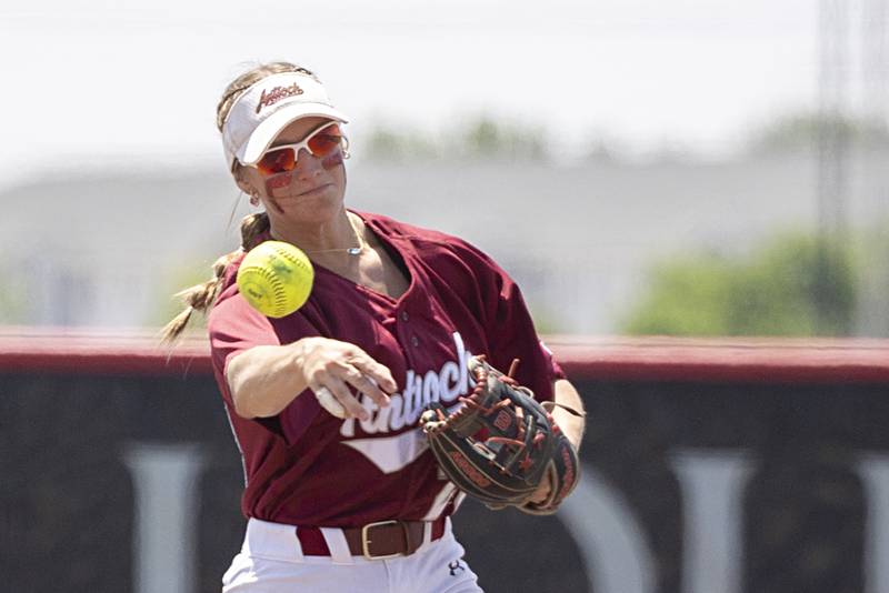 Antioch’s Emily Brecht fires a throw to first for an out against Charleston Friday, June 9, 2023 in the class 3A state softball semifinal.
