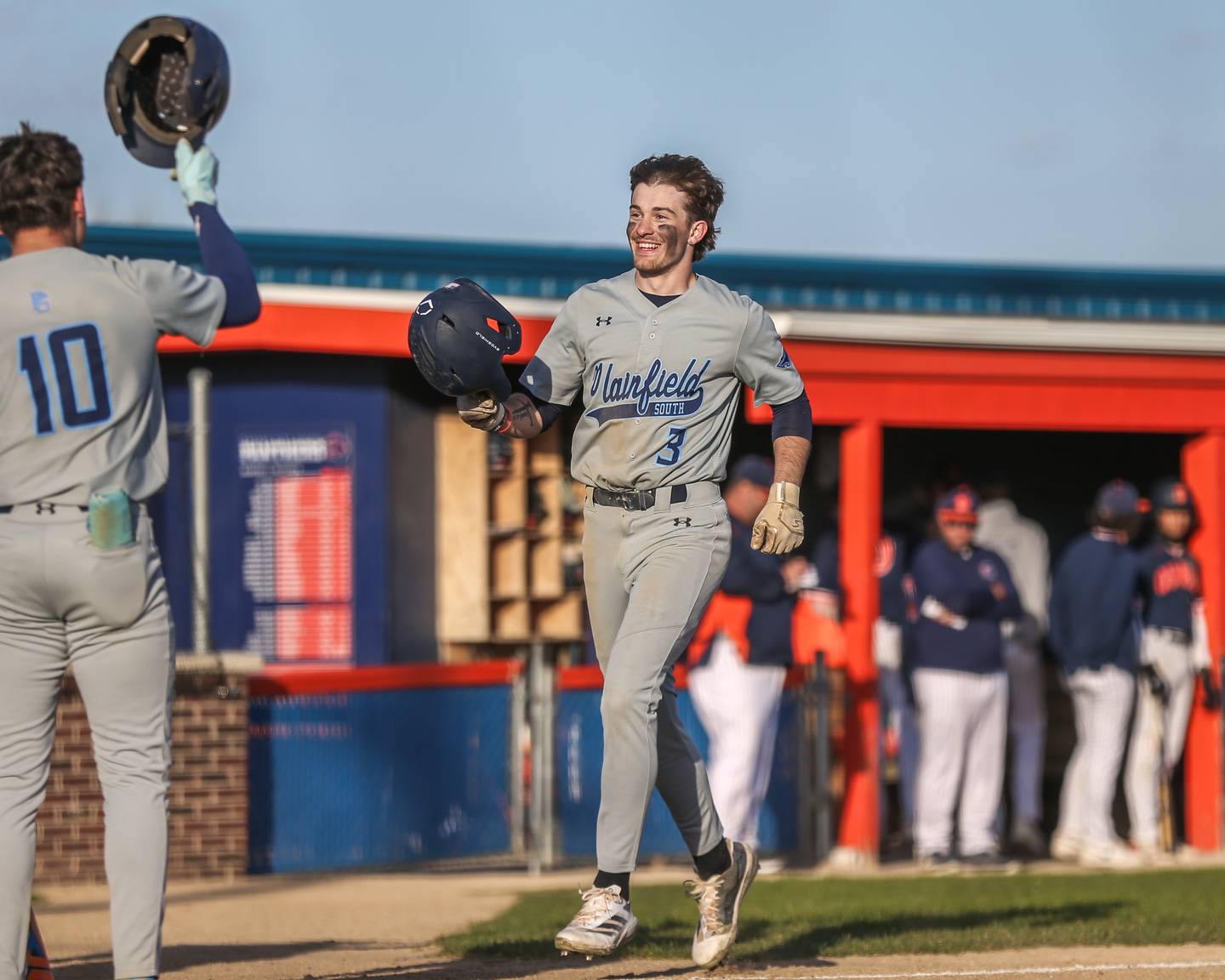 Plainfield South's Caden Pierceall (3) crosses the plate after hitting a homerun during baseball game between Plainfield South at Oswego on Monday, April 14, 2025 in Oswego.