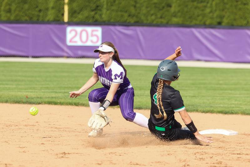 Manteno's Aubrie Goudreau receives the throw as Seneca's Graysen Provance steals second base during Seneca's 11-1 victory over Manteno on Friday, May 8, 2026.