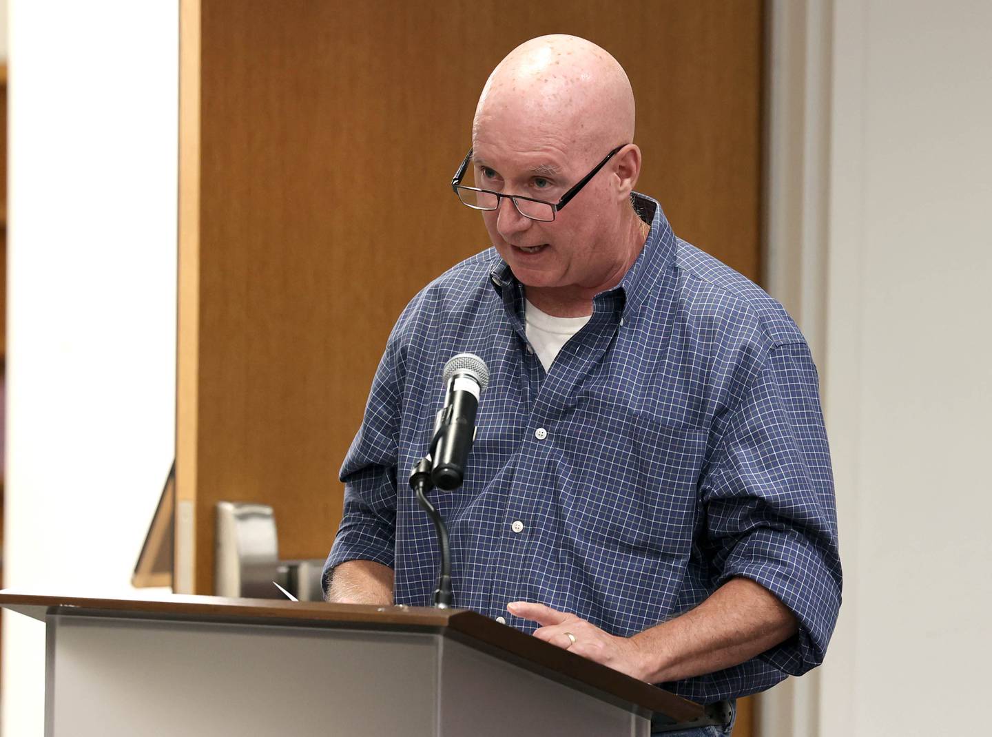 Dan Sears of D-N-J Properties, and owner of the building at 128 to 140 South Second Street, speaks Monday, July 10, 2023, at the DeKalb City Council meeting about the cities plan to consider acquiring and demolishing the 133-year-old building to provide space for additional downtown parking.