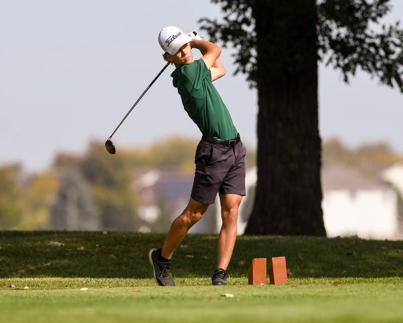 Anthony Battaglia of Plainfield Central watches his tees shot during the Plainfield Central regional on Wednesday Oct. 1, 2025, held at Wedgewood Golf Course in Plainfield.