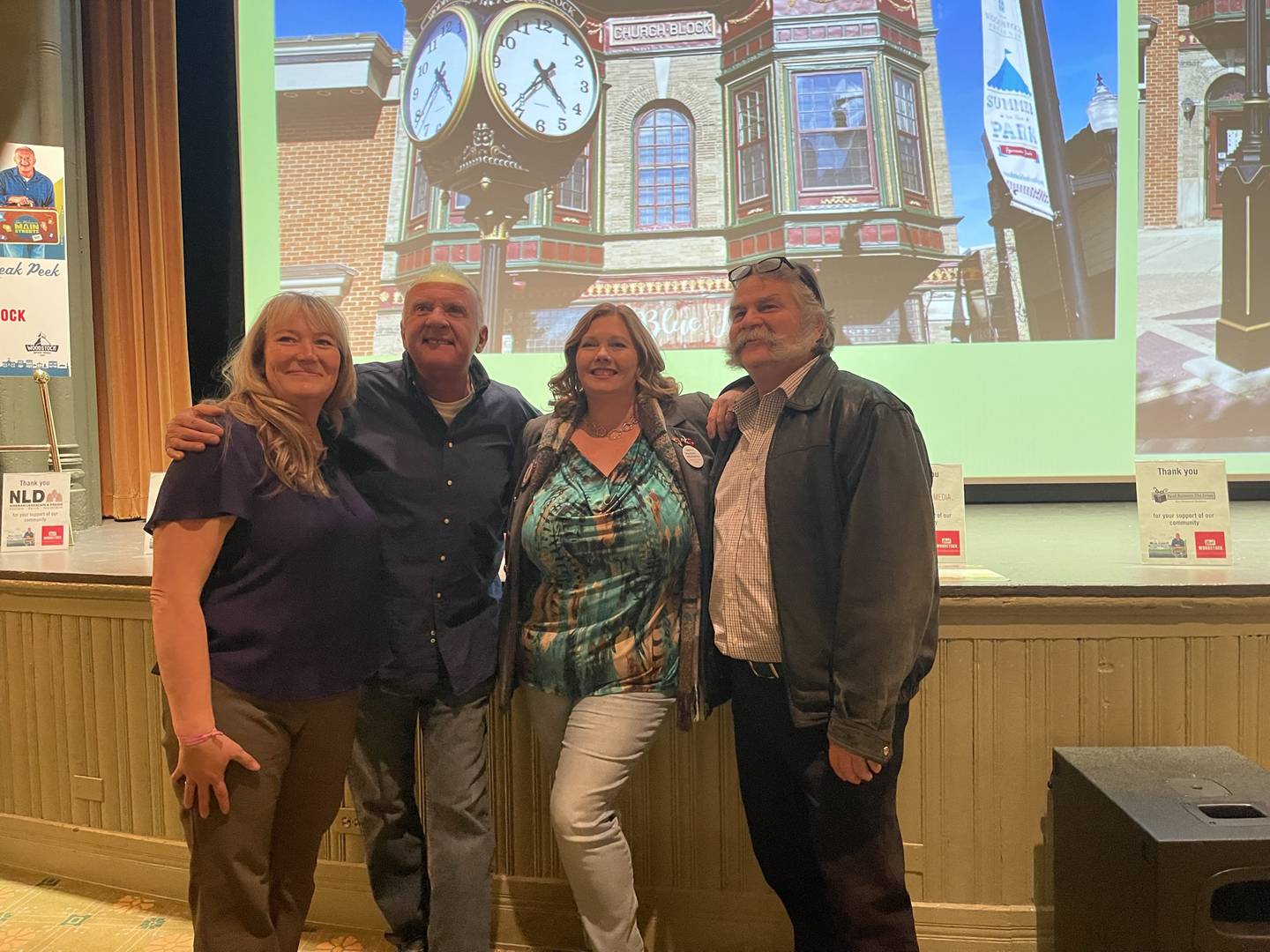 From left to right, John McGivern speaks with Plum Media's Lois Maurer and Lance Miller, on Thursday, Feb. 9, 2023, at the Woodstock Opera House. All three were involved in creating a PBS show that had one of its episodes focus on Woodstock.