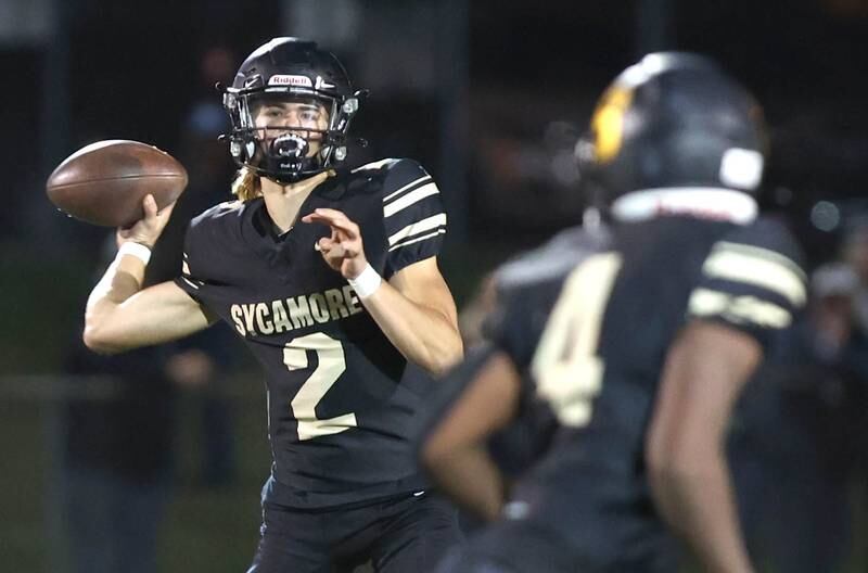 Sycamore's Elijah Meier throws a pass to Tyler Curtis during their game against Morris Friday, Oct. 21, 2022, at Sycamore High School.