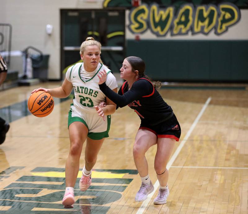 Crystal Lake South's Laken LePage brings the ball up the court against Huntley's Lana Hobday during a Fox Valley Conference girls basketball game on Friday, Jan. 30, 2026, at Crystal Lake South High School.