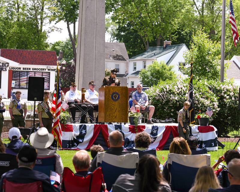 Masters Sargent Devin Persaud speaks during the Memorial Day event on Monday May 26, 2025, held at Town Square Park in Yorkville.