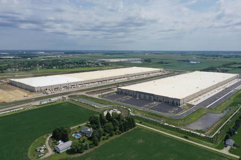 An aerial view of two warehouse distribution centers built by the NorthPoint group near the intersection of Noel Road and Illinois Route 53 in Elwood. NorthPoint is developing the Third Coast Intermodal Hub, a warehouse development of more than 2,000 acres stretching from Joliet to Elwood.