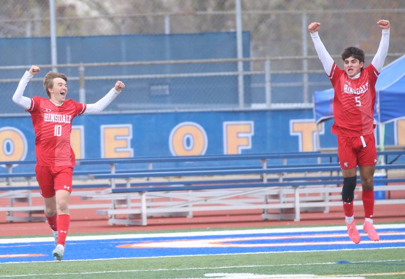 Hinsdale Central players Matt Gantar and Michael DiTomasso react after Ganter scored the teams first goal against Edwardsville during the Class 3A State third place game on Saturday, Nov. 9, 2024 at Hoffman Estates High School.