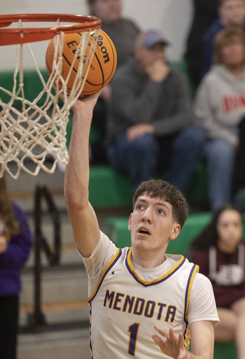 Mendota’s Cole Tillman puts in a bucket against Oregon Friday, Feb. 27, 2026, at the Class 2A Rock Falls boys basketball regional.