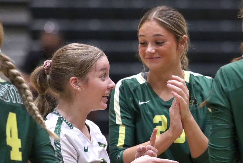 Crystal Lake South’s Layla Addison, left, and Bobbi Wire come together after a point against Crystal Lake Central  in varsity volleyball at Crystal Lake South High School in Crystal Lake on Tuesday, Oct. 7, 2025.