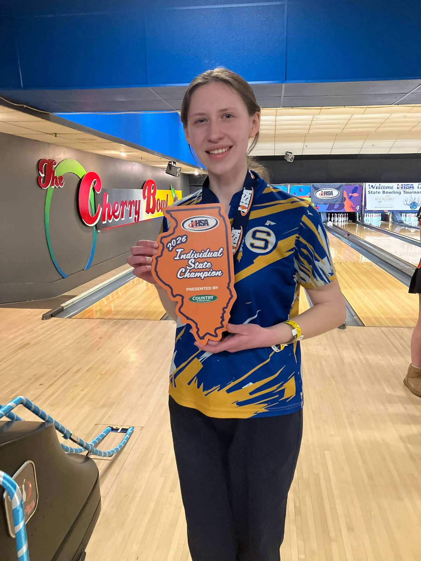 Sterling junior Sarah Douhgty is pictured after winning the state bowling title at The Cherry Bowl in Rockford on Saturday, Feb. 21, 2026.