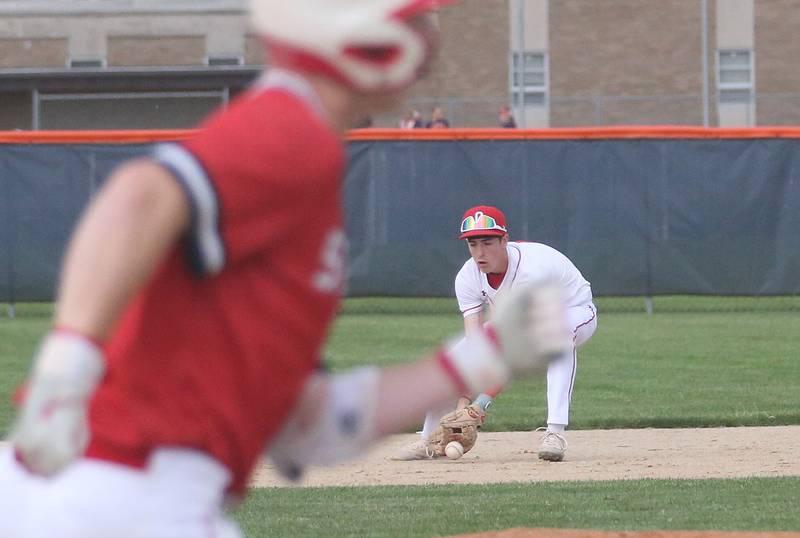 Ottawa's Colt Bryson fields a ground ball against Streator during the Class 3A Regional semifinal game on Thursday, May 29, 2025 at Pontiac High School.