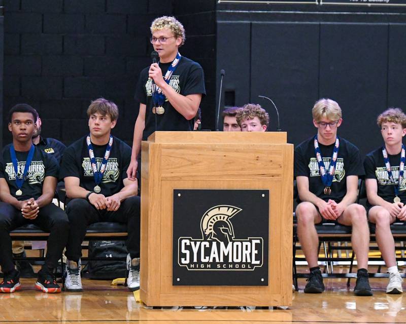 Sycamore’s Dylan Hodges who won the 400-meter dash at the IHSA meet speaks during the pep rally on Tuesday, June 4, 2025, at Sycamore High School after the team brought back the championship trophy for the first time in program history.