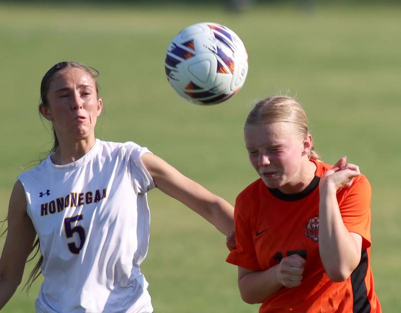 Crystal Lake Central’s Mia Murphy, right, and Hononegah’s  Ava Lucchesi battle for the ball in IHSA Class 2A Sectional Semifinal girls soccer on Monday, May 25, 2026 at Crystal Lake Central High School in Crystal Lake.
